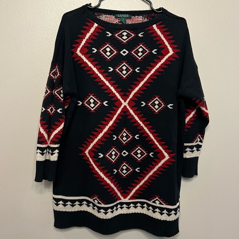Lauren Ralph Lauren 1X Black and Red Aztec Sweater Boho Southwestern